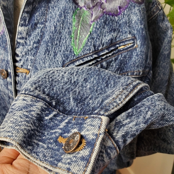 RARE  | Vintage Roglins Acid Wash Bomber Jean Jacket Glitter florals (Size M) - Picture 6 of 16